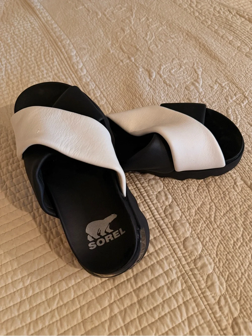 Sorel Black and White Logo Slide Sandals
